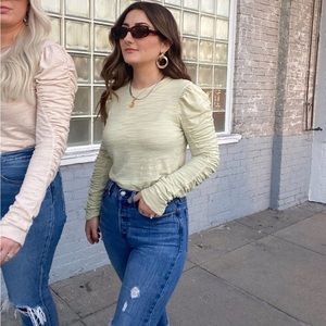 Free People Long Sleeve Ruched Shoulder Tee in Light Sage